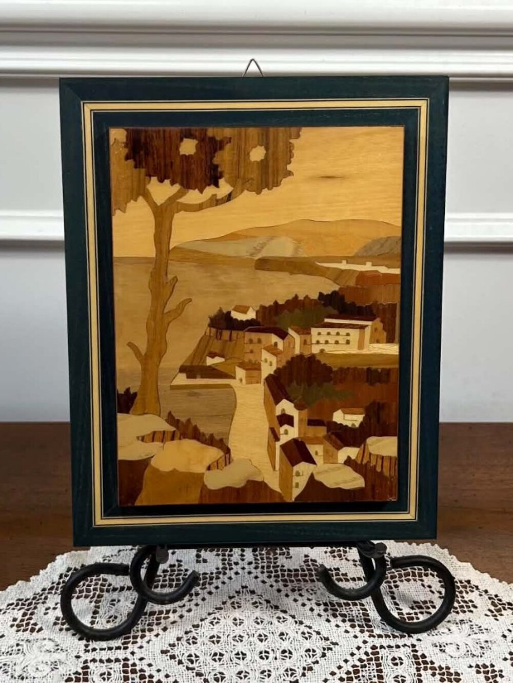 Vintage Italian Marquetry Coastal Landscape Wood Inlay Plaque
